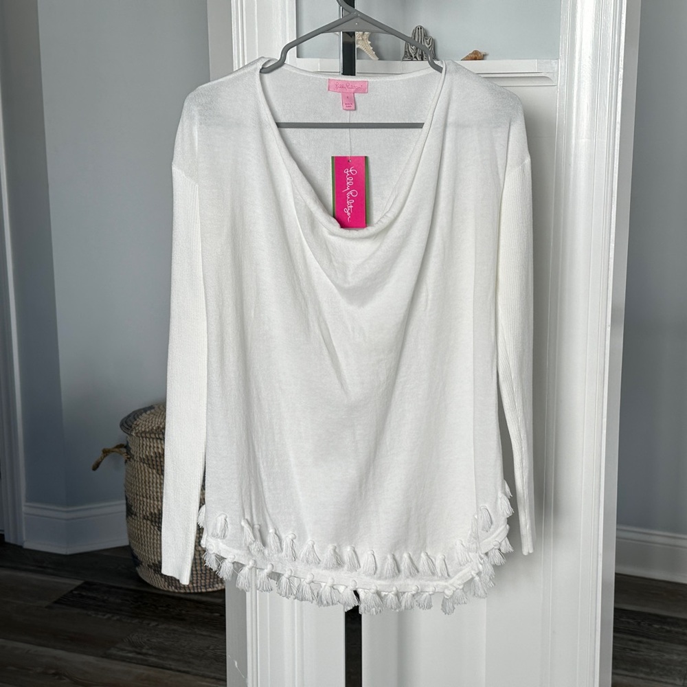 NWT! Lilly Pulitzer Sz S Ferreira Sweater White w Tassels Cowl Neckline